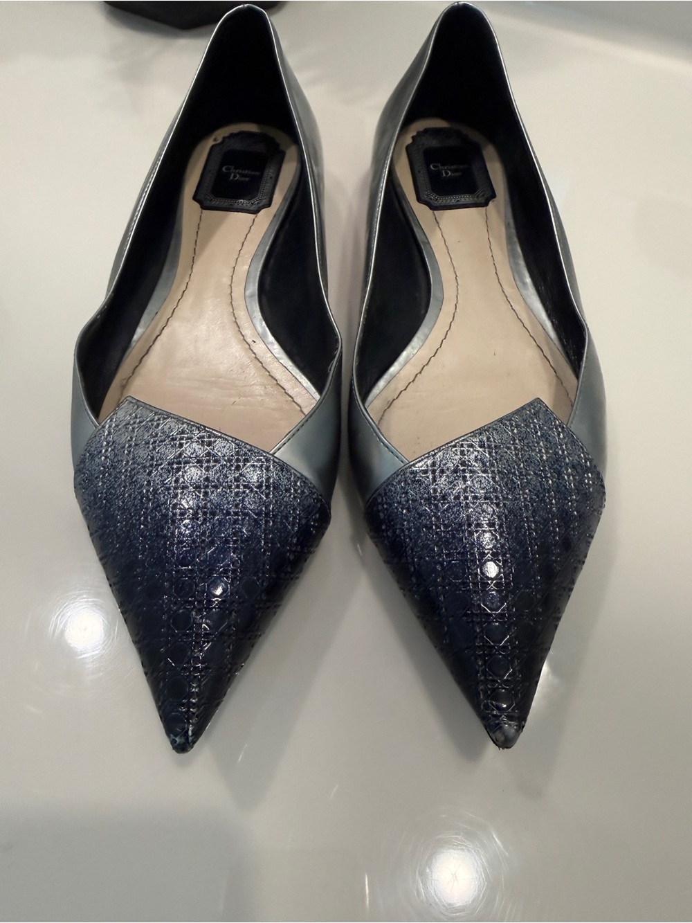 Dior Pointed Toe Navy Leather Flats with Textured Cap